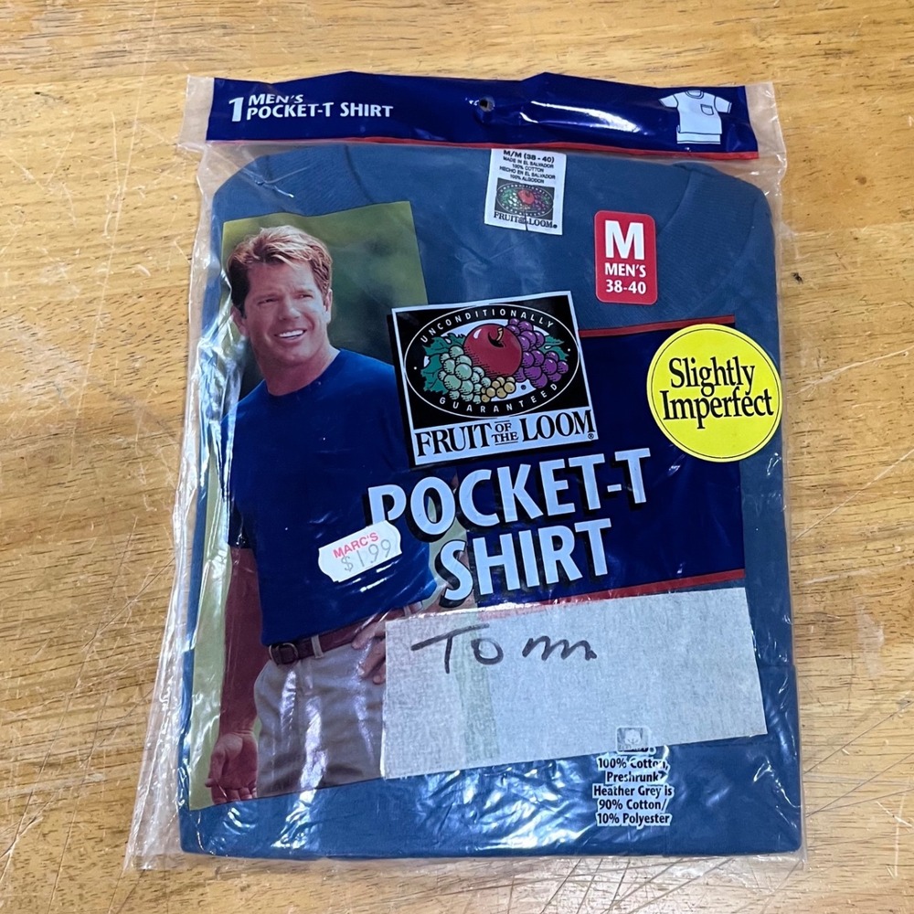 Vtg‎ 1998 Fruit of the Loom Mens Pocket T-Shirt Blue Medium NIP 90s Deadstock